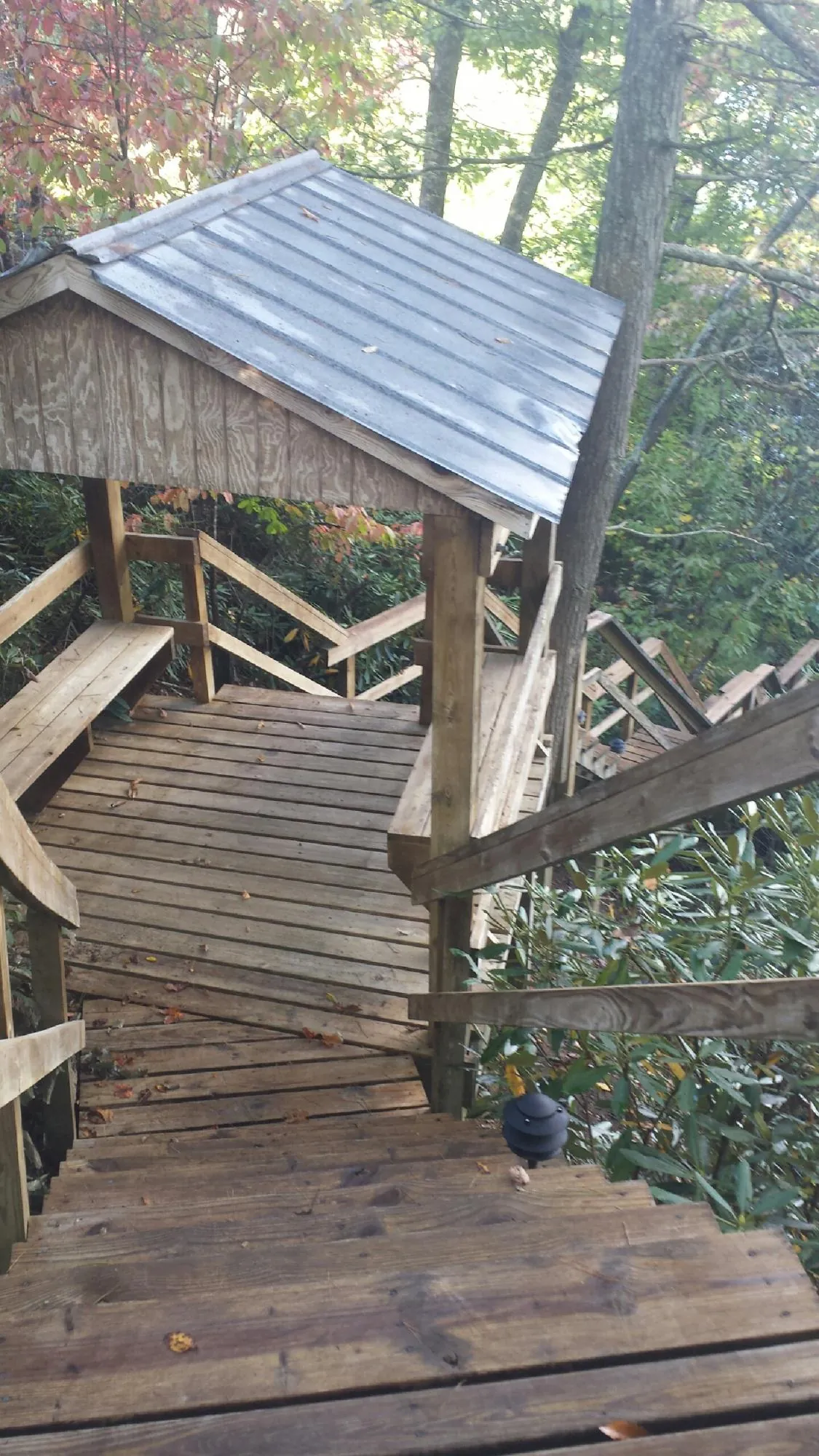 Metal roofed shelter over wooden steps on a wooded walkway — Skylight Repair & Installation work by our crew in Rougemont